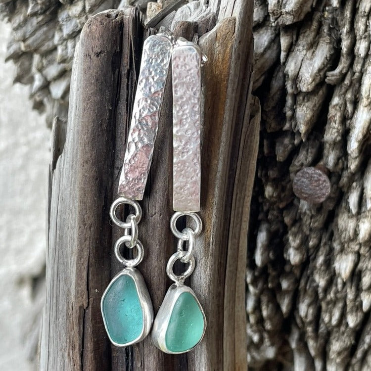 Teal Blue Sea Glass Dangle Bar Earrings