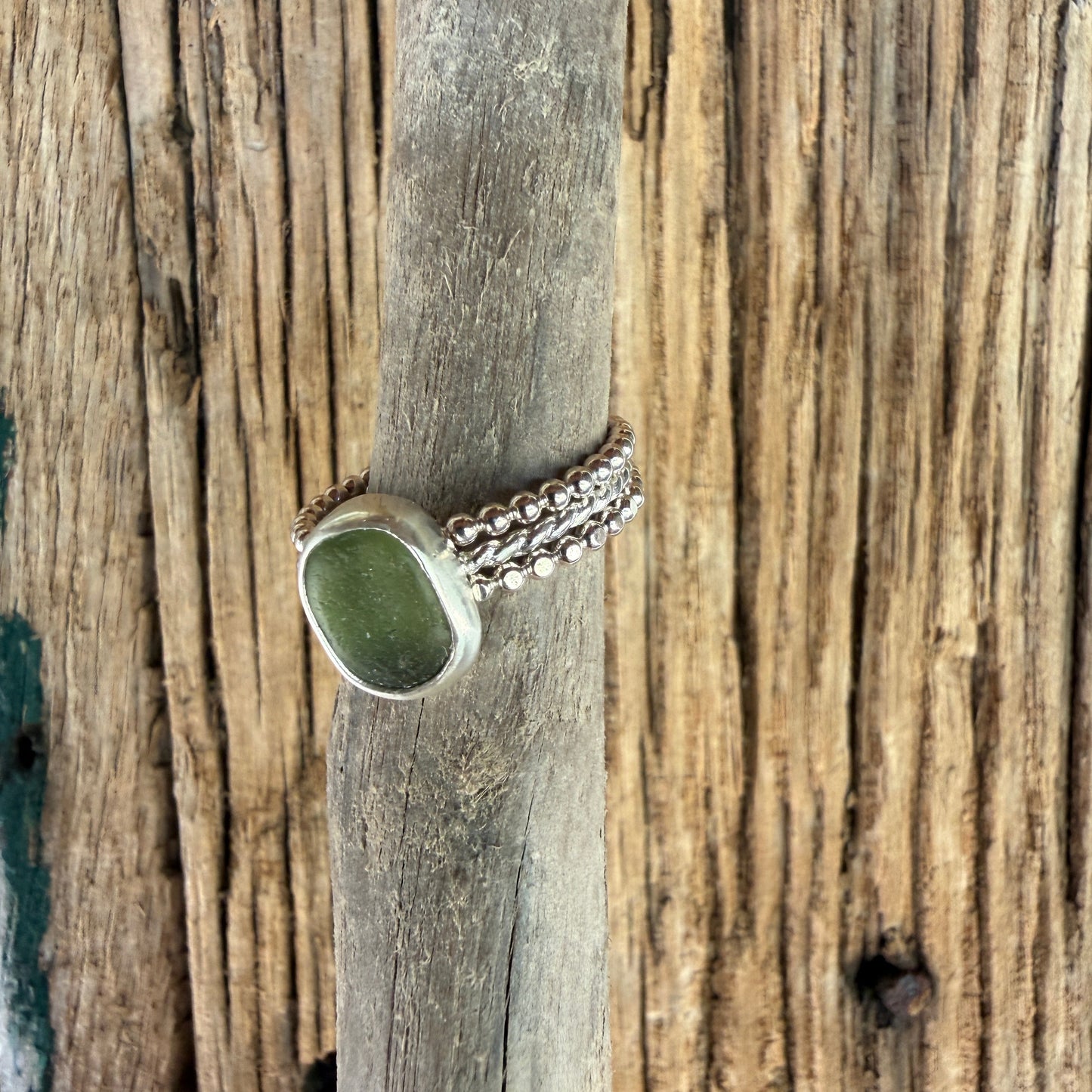 Olive Green Sea Glass Stacking Rings - Size 10