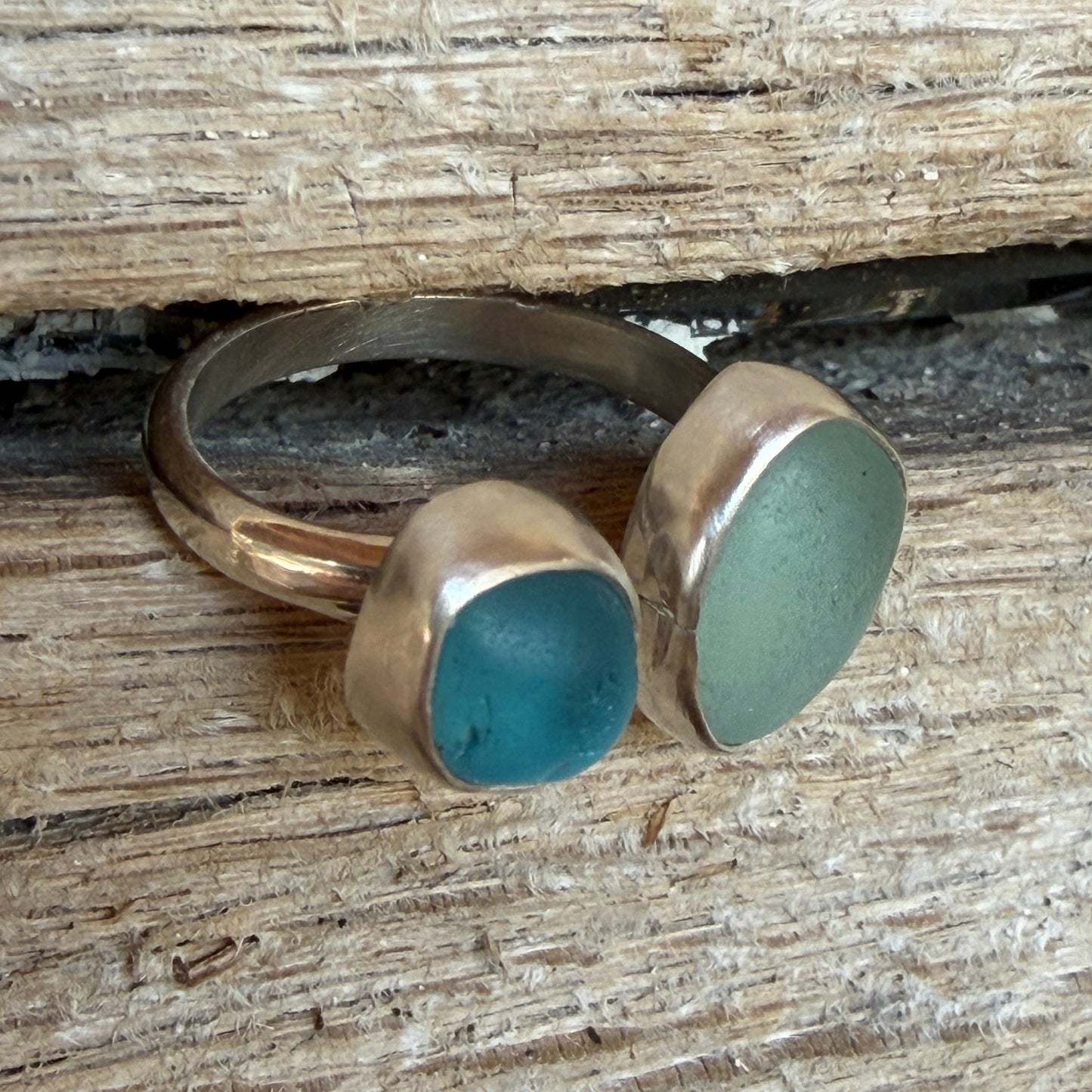 Aquamarine Sea Glass and Sea Foam Green Sea Glass Adjustable Ring -Size 8.25