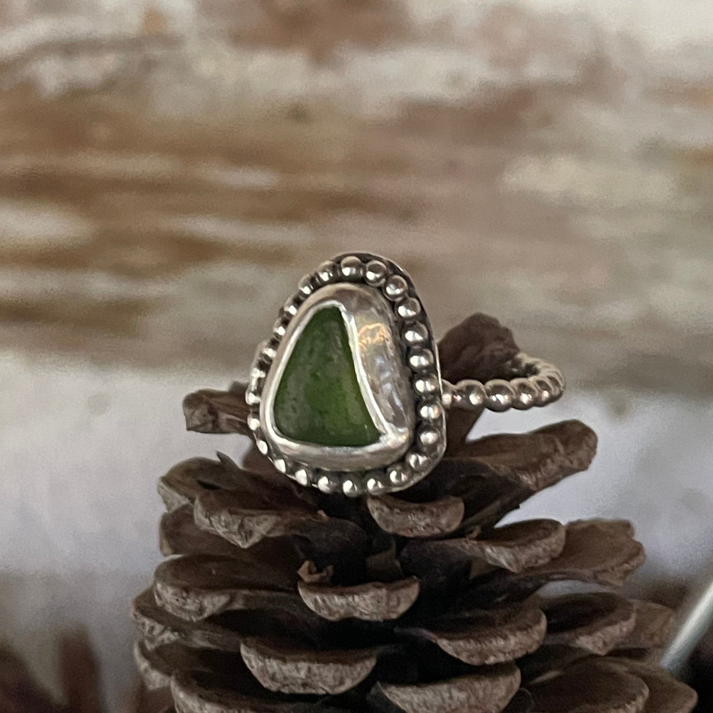 Lime Green Beaded Sea Glass Ring - Size 6