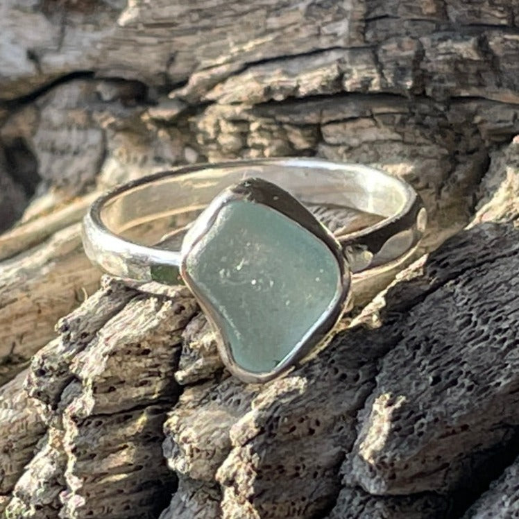 Sea Foam Blue Sea Glass Ring - Size 6