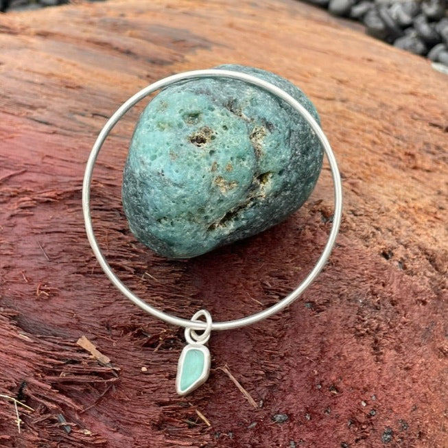 Teal Blue Sea Glass Dangle Bangle - Medium