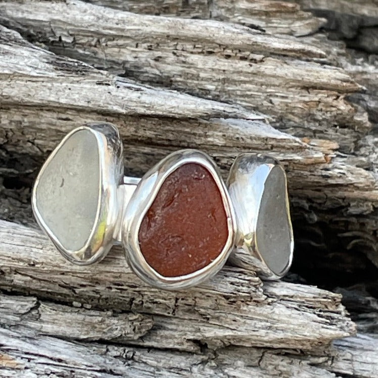 Tri White and Amber Sea Glass Ring Commission