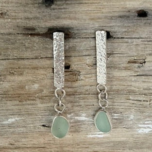 Sea Foam Green Sea Glass Dangle Bar Earrings