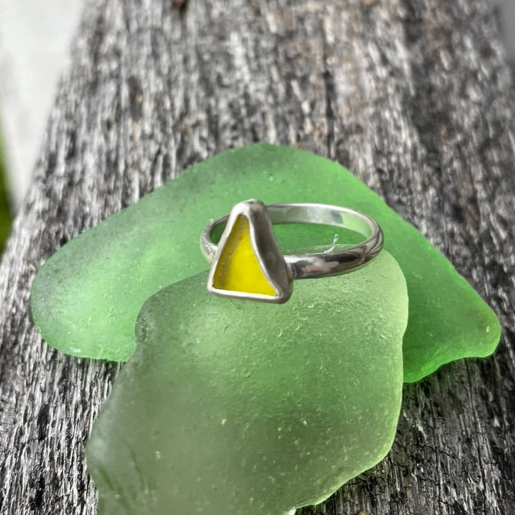 Bright Yellow Sea Glass Ring - size 7.25