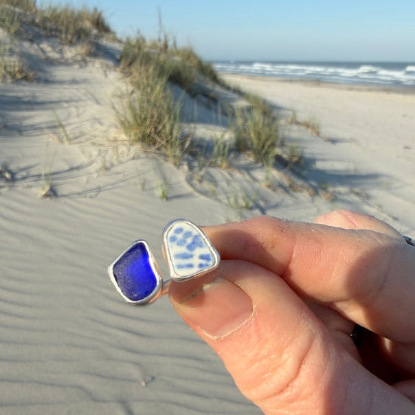 Cobalt Blue Sea Glass and Blue Sea Pottery Adjustable Ring -Size 7