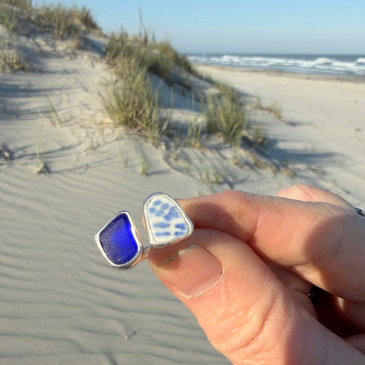 Cobalt Blue Sea Glass and Blue Sea Pottery Adjustable Ring -Size 7