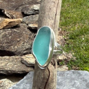 Teal Blue Sea Glass Double Shank Ring - Size 9.5