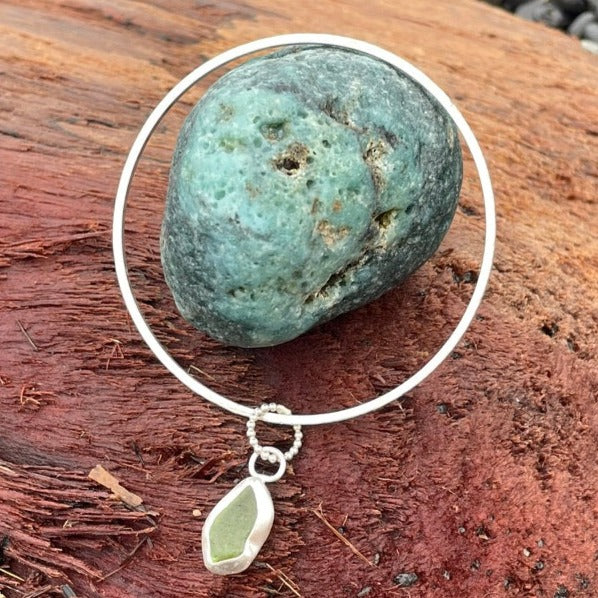 Lime Green Sea Glass Dangle Bangle - Size Medium