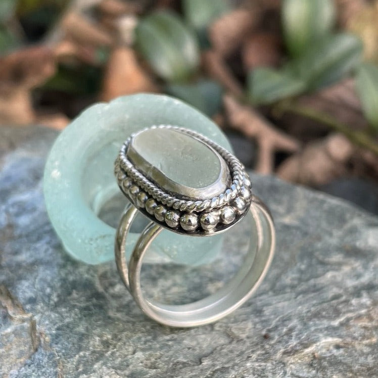 Sea Foam Green Sea Glass Statement Ring - Size 9.5