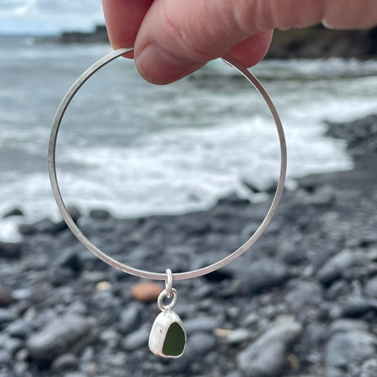 Moss Green Sea Glass Dangle Bangle - Size Medium