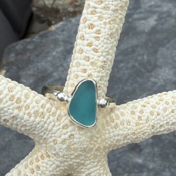Teal Blue Sea Glass Ring - Size 10.25