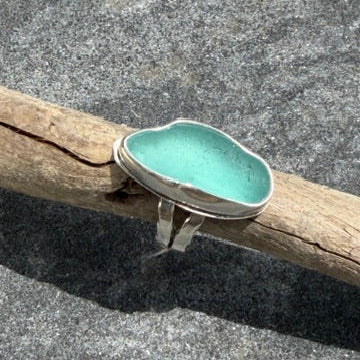 Teal Blue Sea Glass Double Shank Ring - Size 9.5