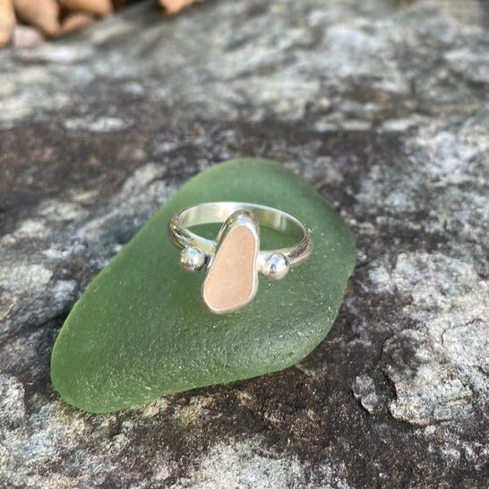 Soft Pink Beaded Sea Glass Ring - Size 7