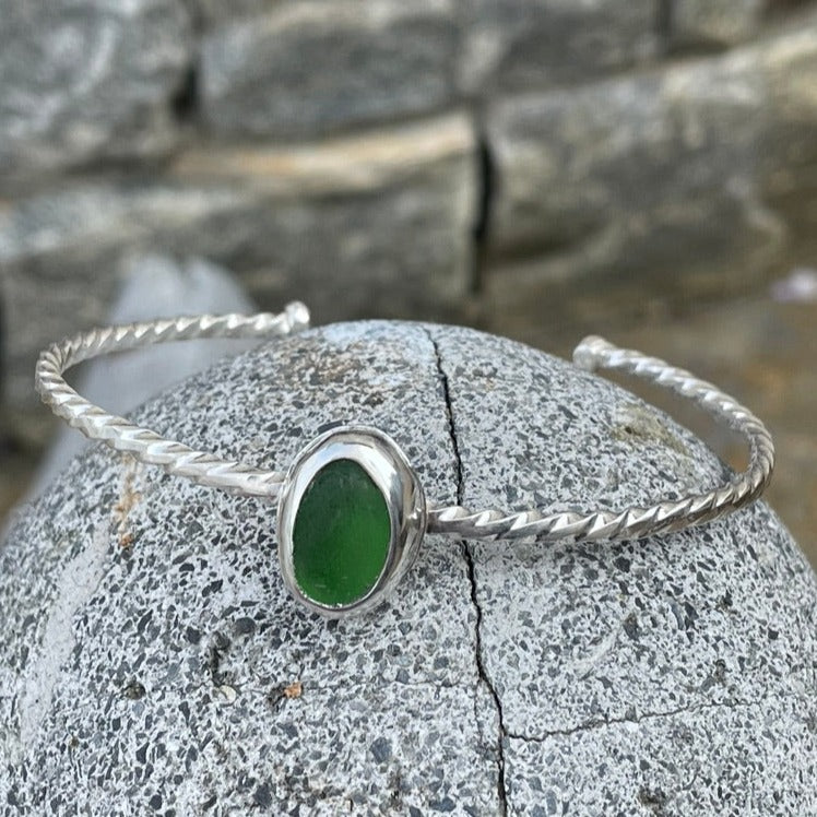 Kelly Green Twisted Sea Glass Cuff Bracelet