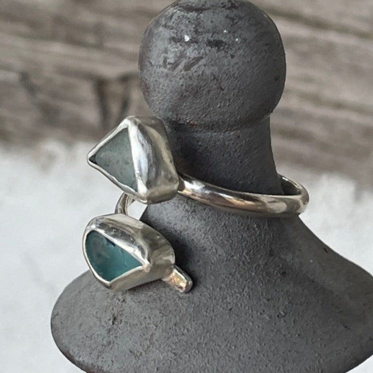 Double Teal Blue & Sea Foam Blue Sea Glass Adjustable Ring