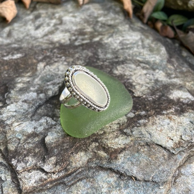 Sea Foam Green Sea Glass Statement Ring - Size 9.5