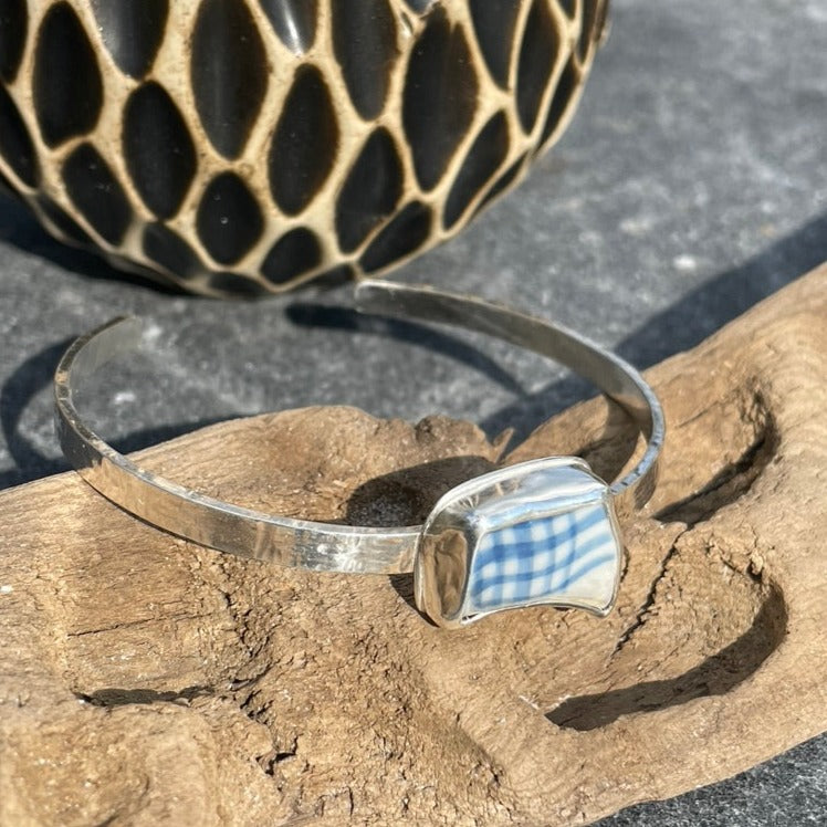 Breezy Blue Plaid Sea Pottery Cuff Bracelet