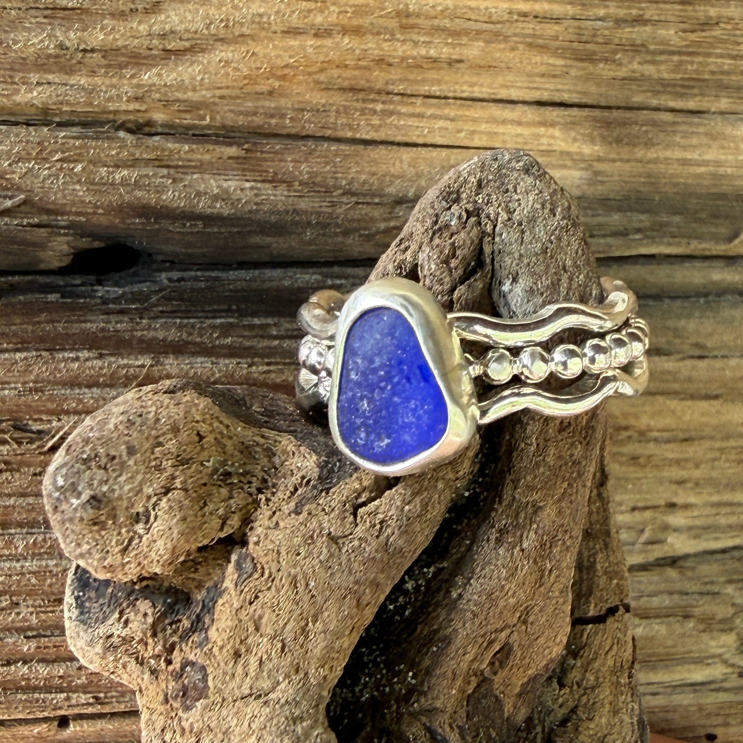 Cobalt Sea Glass Stacking Rings- Size 5.75