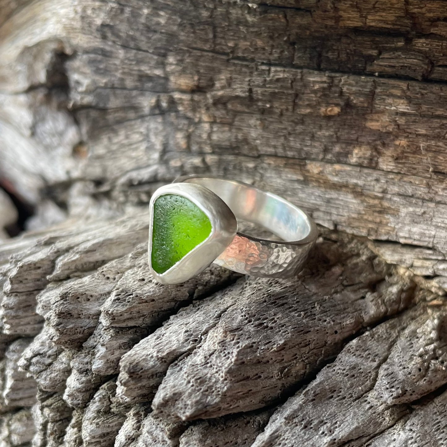 Lime Green Hammered Sea Glass Ring - Size 7.5