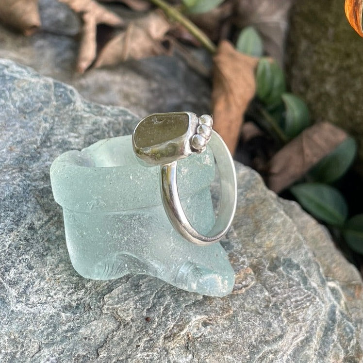 Soft Yellow Beaded Sea Glass Ring - Size 7