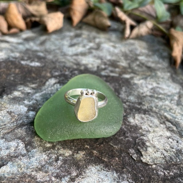 Soft Yellow Beaded Sea Glass Ring - Size 7