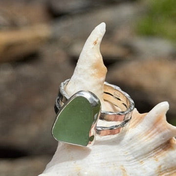 Yellow UV Sea Glass Double Banded Ring - Size 8.5
