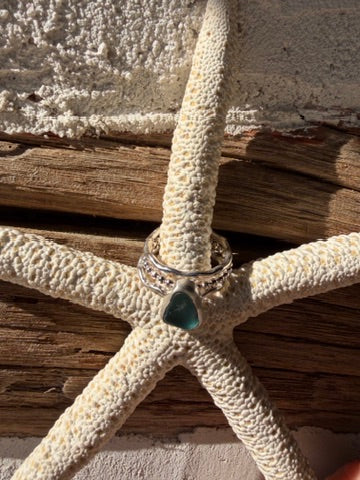 Teal Blue Green Sea Glass Stacking Rings - Size 6