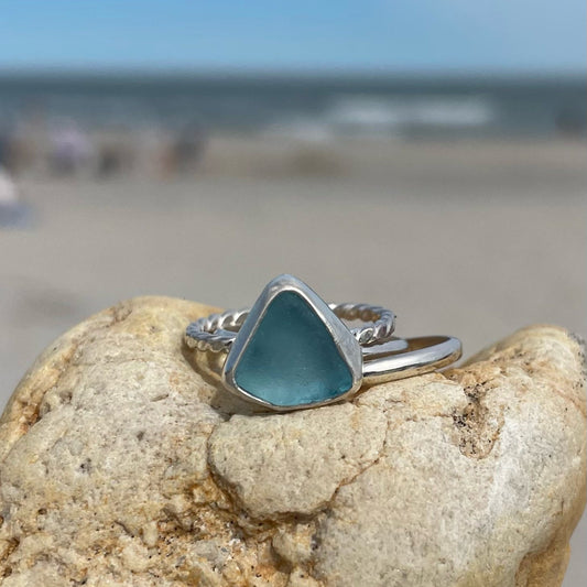 Pale Aquamarine Sea Glass Stacking Rings - Size 4.5