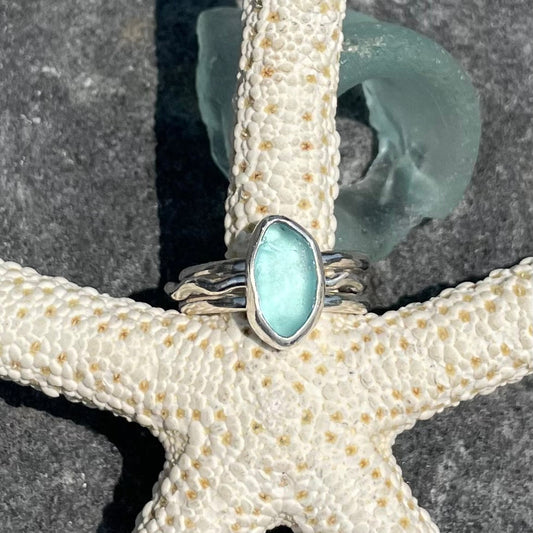 Teal Blue Sea Glass Stacking Rings - Size 8.5