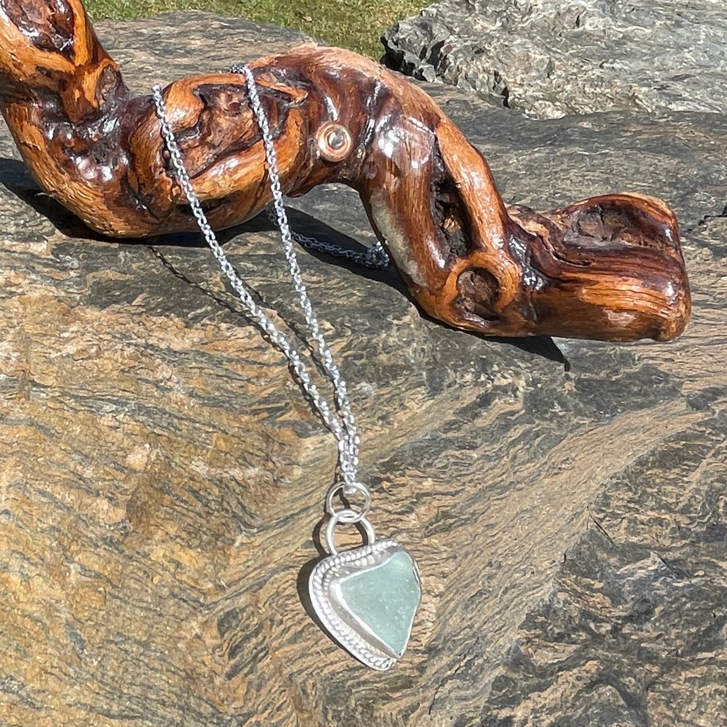 Sea Foam Blue Sea Glass Heart Necklace