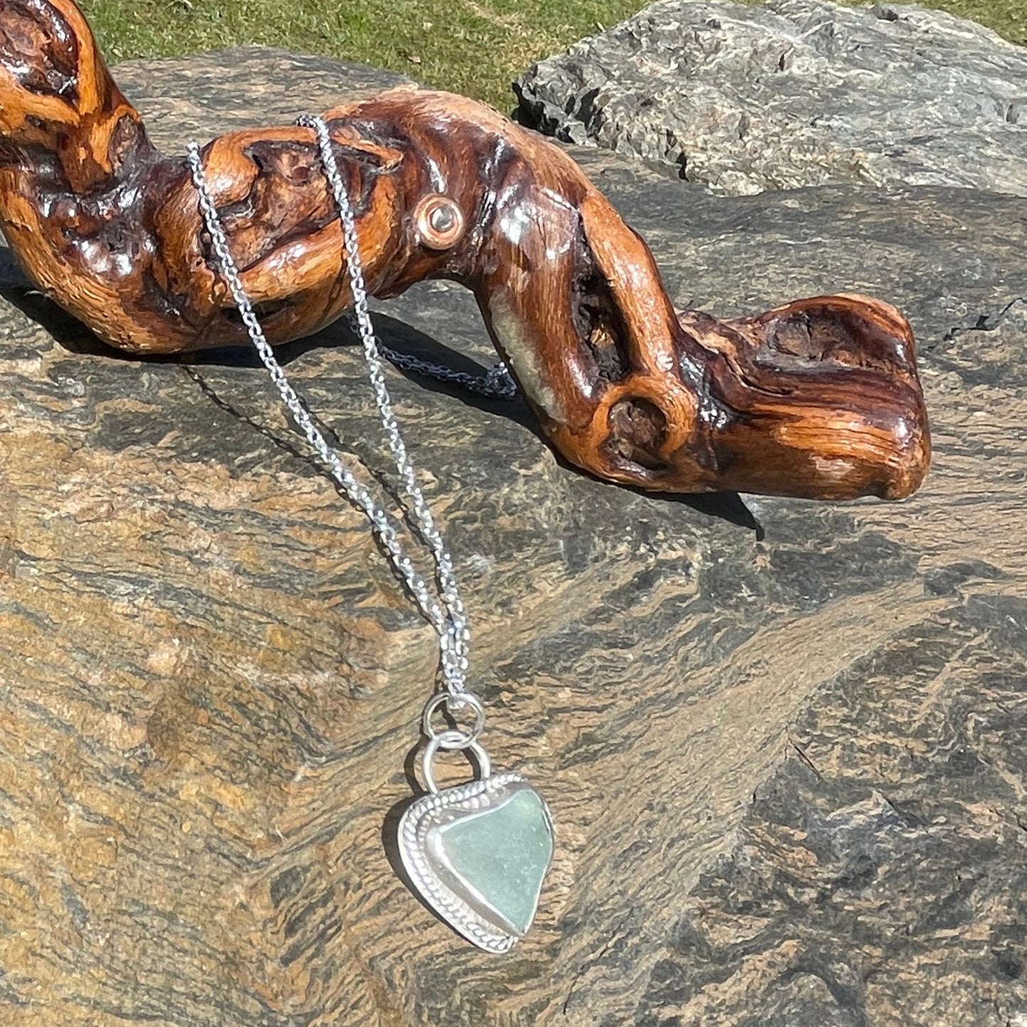 Sea Foam Blue Sea Glass Heart Necklace