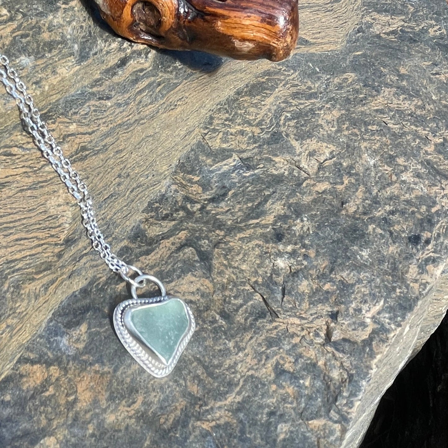 Sea Foam Blue Sea Glass Heart Necklace