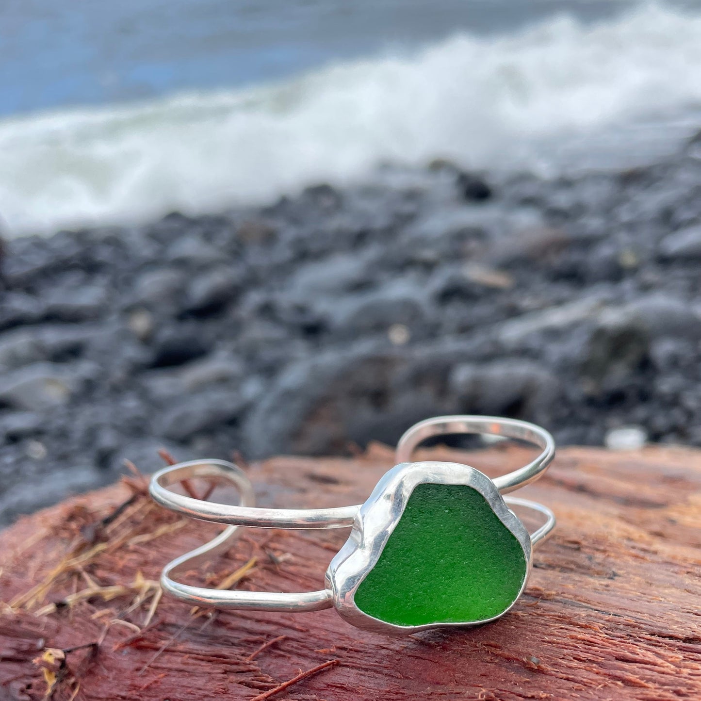 Emerald Green Sea Glass Double Cuff Bracelet