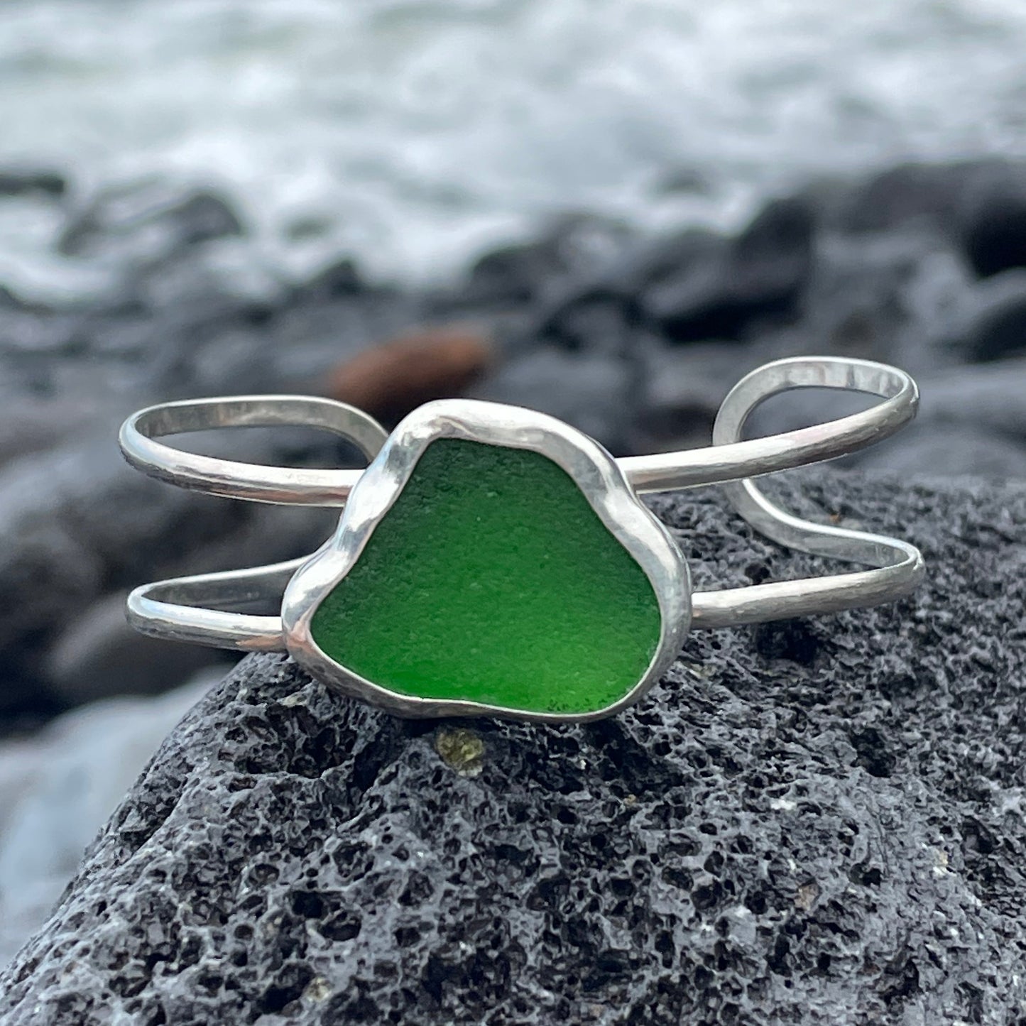 Emerald Green Sea Glass Double Cuff Bracelet