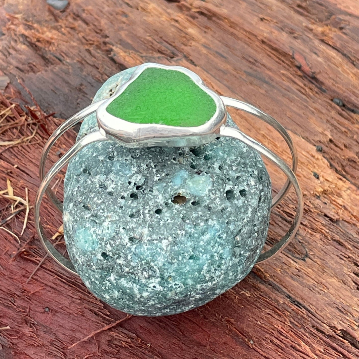 Emerald Green Sea Glass Double Cuff Bracelet