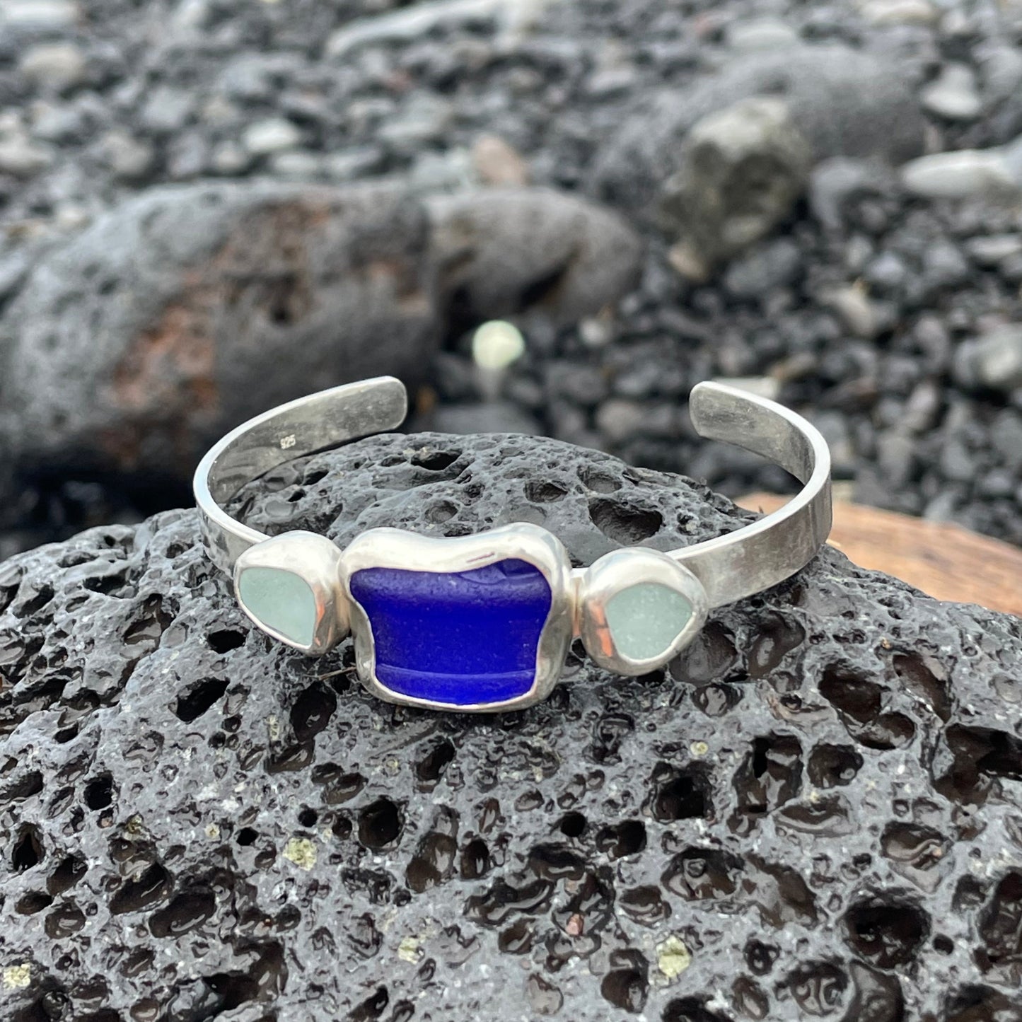 Three Piece Cobalt Sea Glass Cuff Bracelet