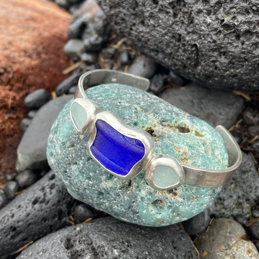 Three Piece Cobalt Sea Glass Cuff Bracelet