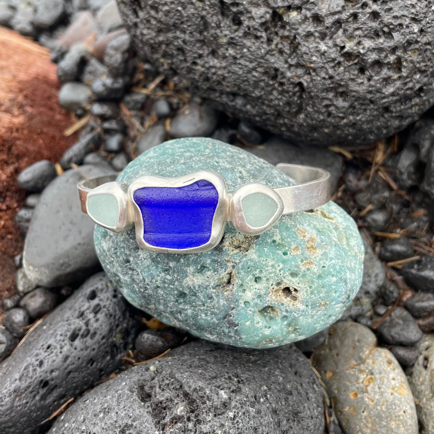 Three Piece Cobalt Sea Glass Cuff Bracelet