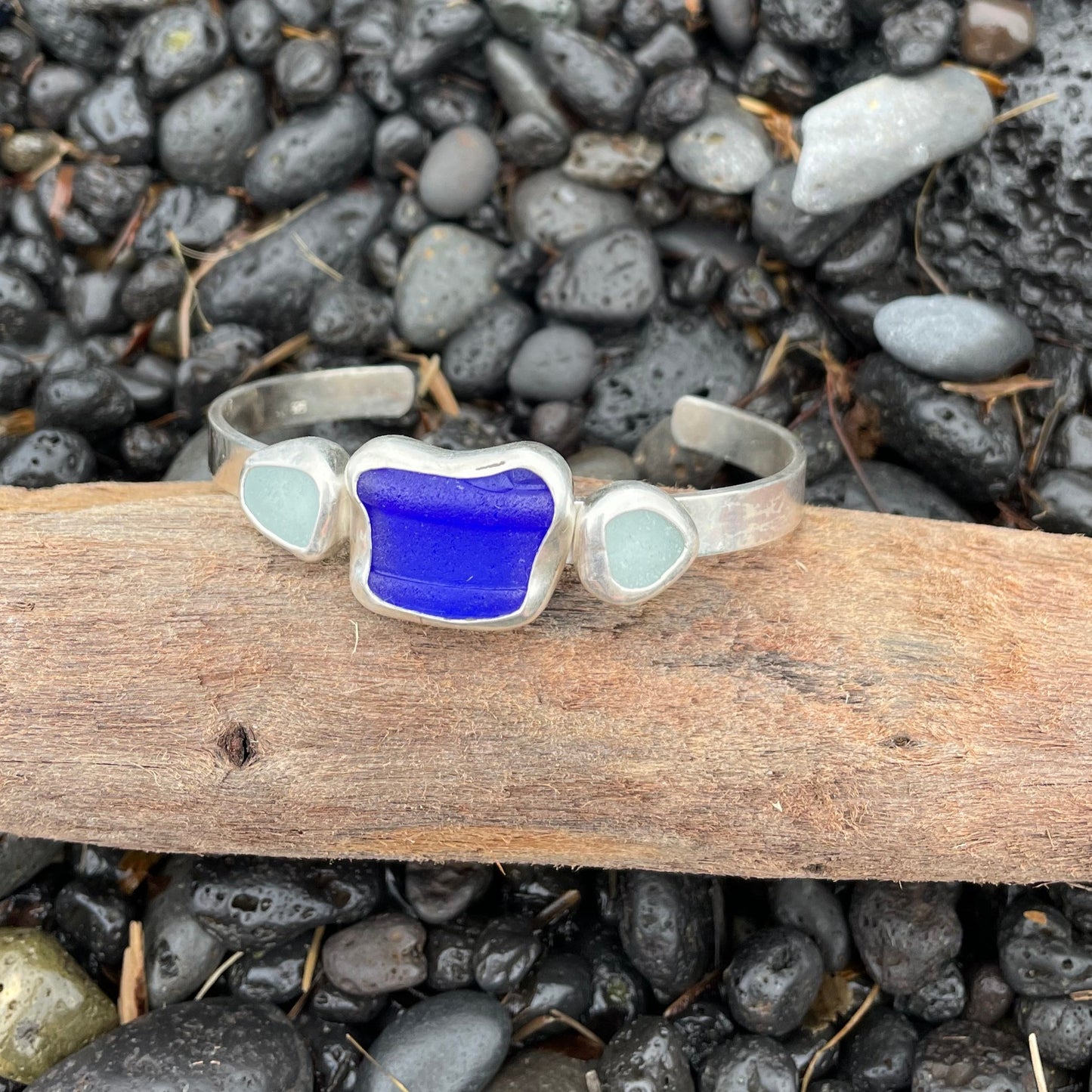 Three Piece Cobalt Sea Glass Cuff Bracelet