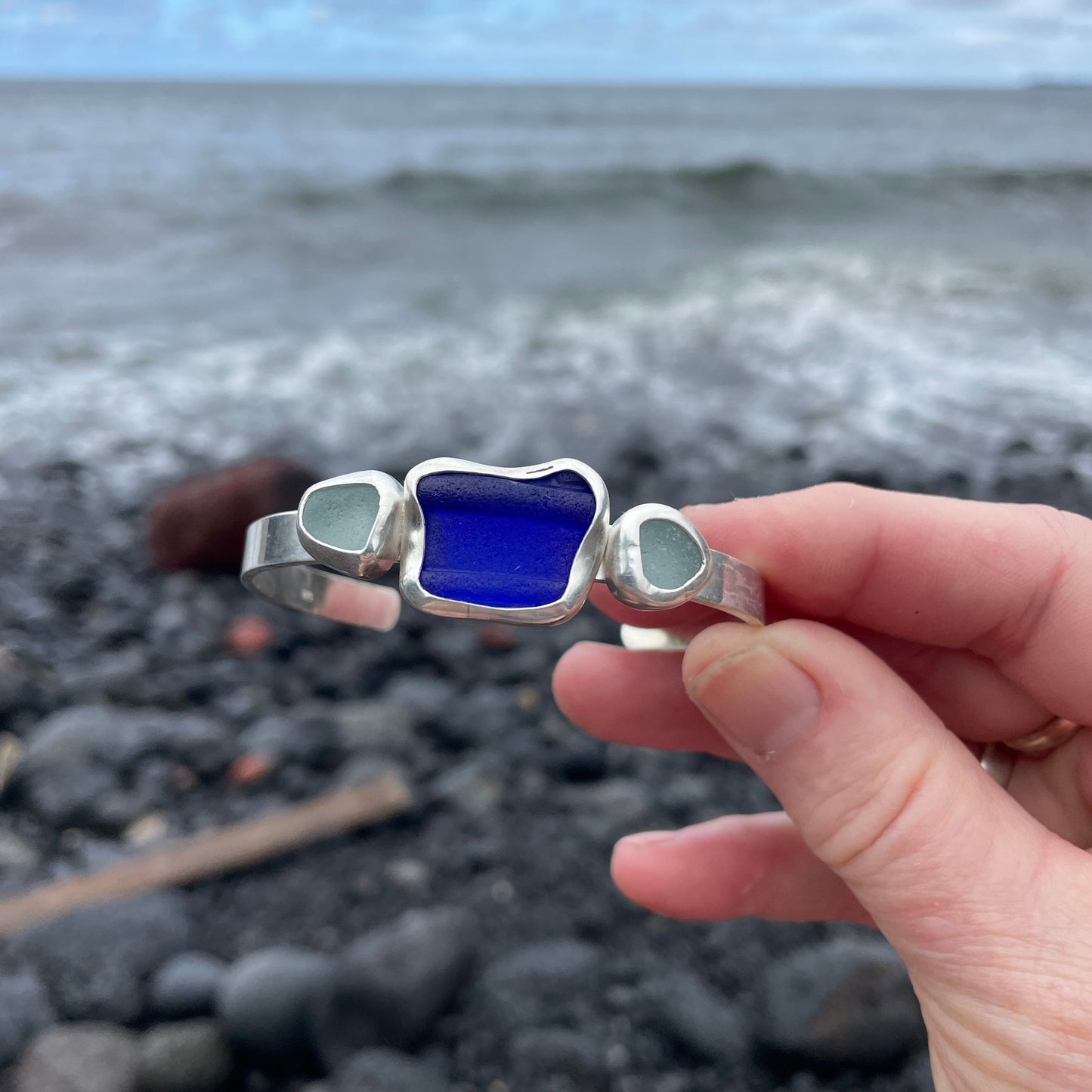 Three Piece Cobalt Sea Glass Cuff Bracelet