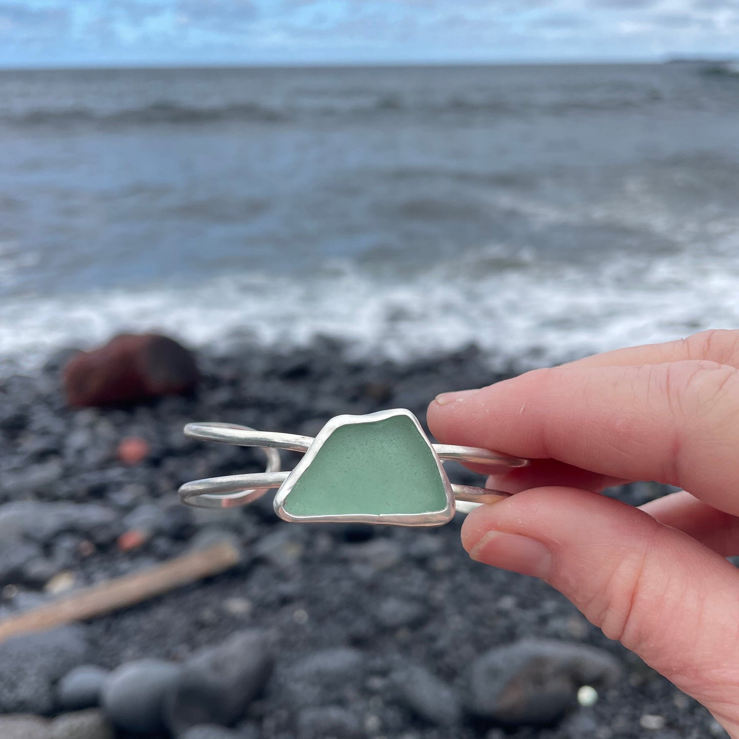 Light Teal Blue Sea Glass Double Cuff Bracelet