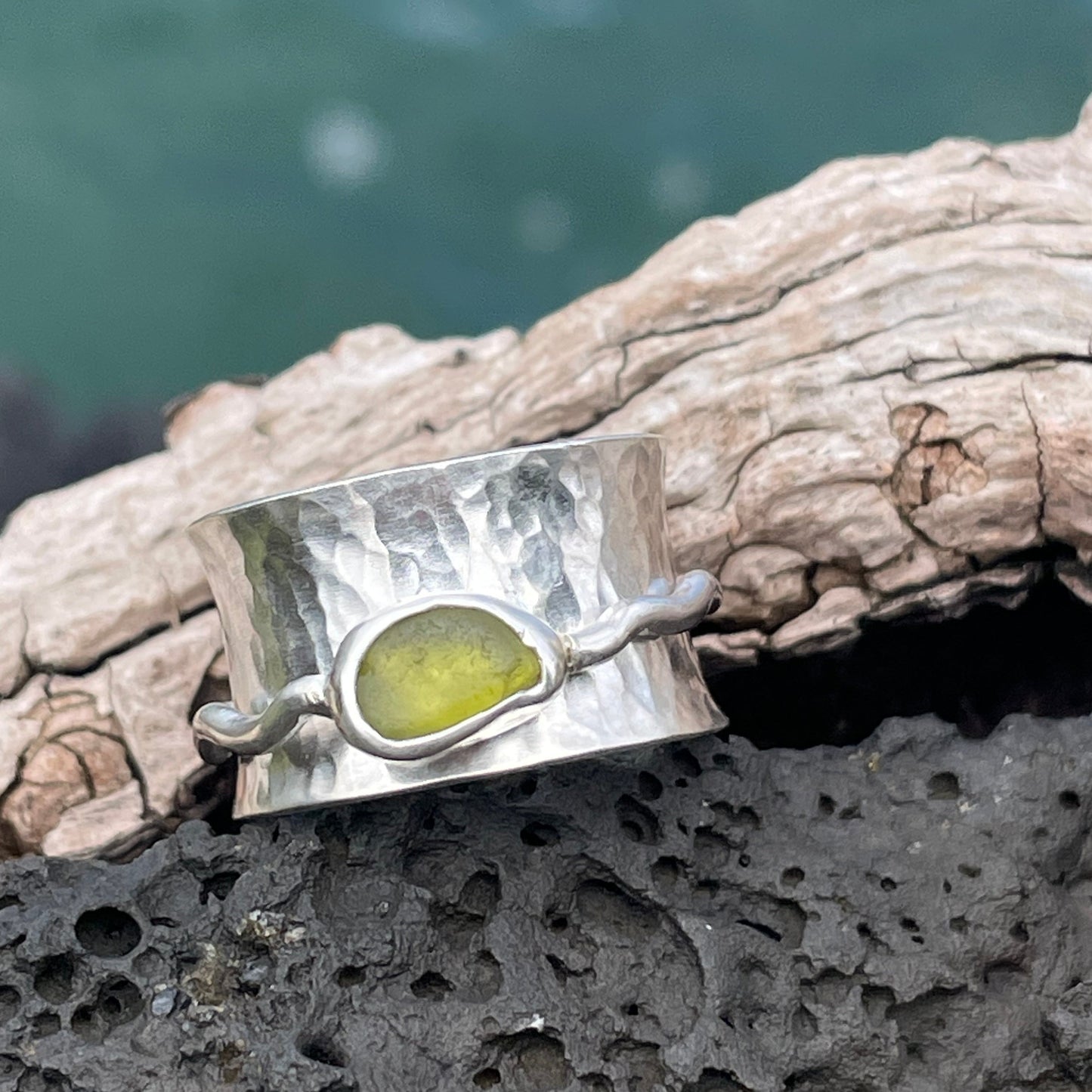 Olive Yellow Sea Glass Spinner Ring - size 7.25