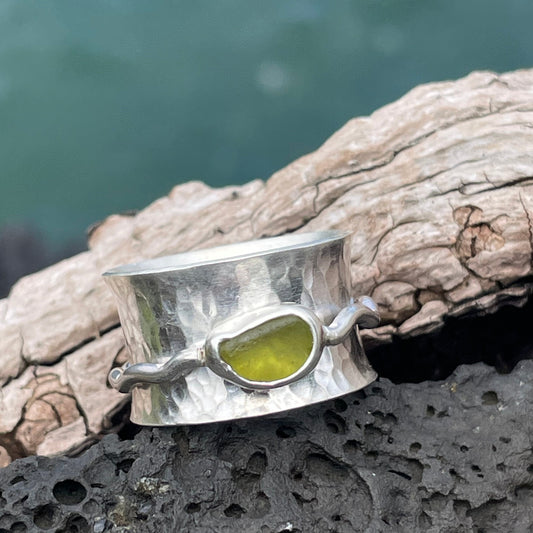 Olive Yellow Sea Glass Spinner Ring - size 7.25