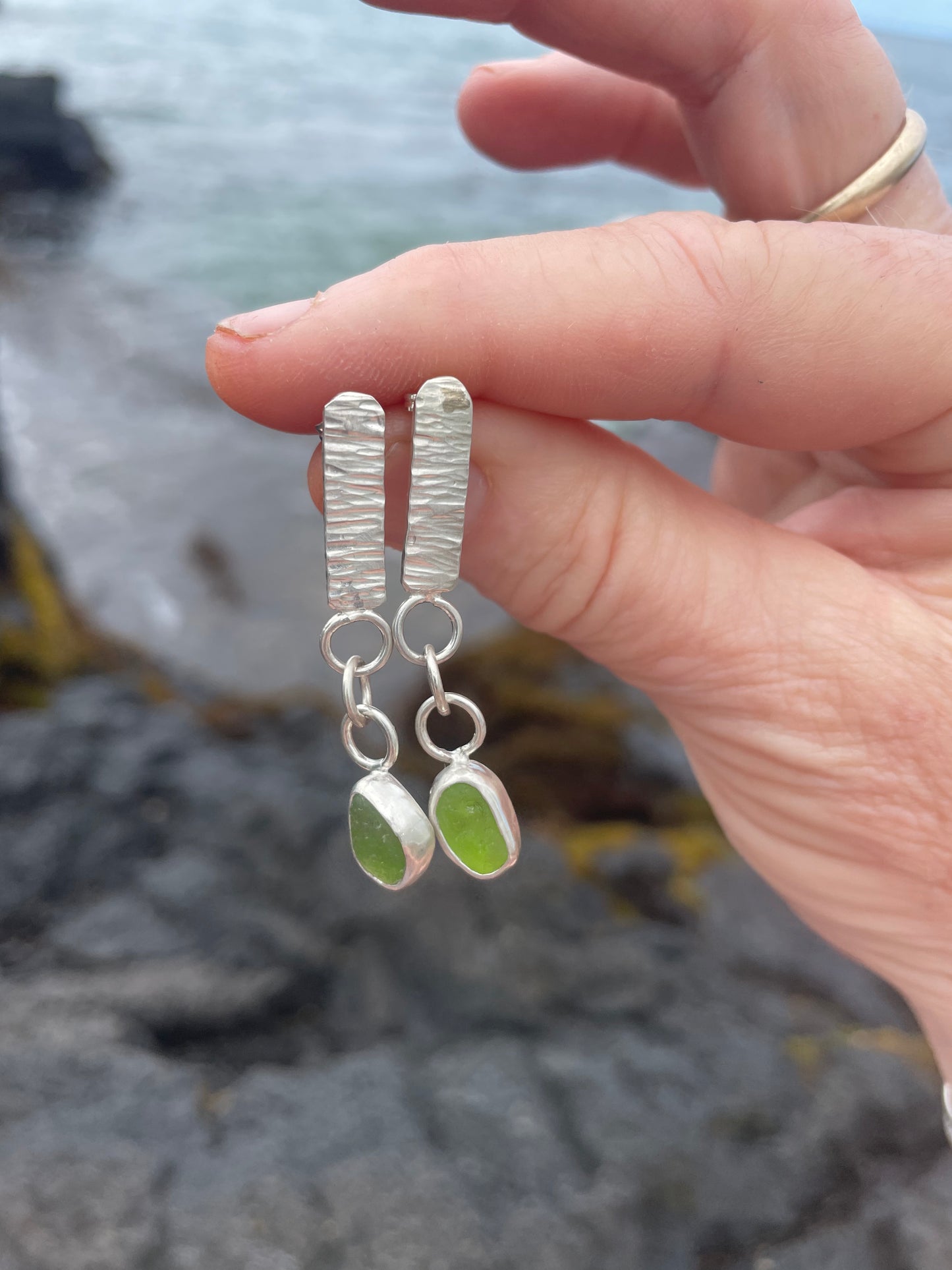 Lime Green Sea Glass Dangle Bar Earrings