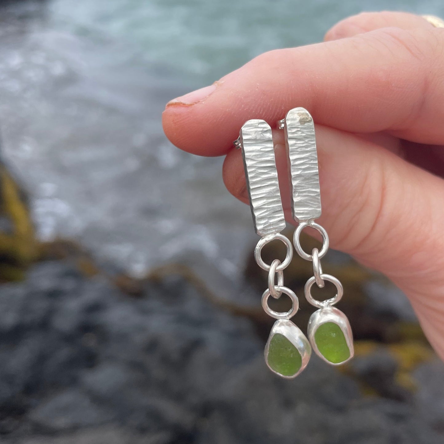 Lime Green Sea Glass Dangle Bar Earrings