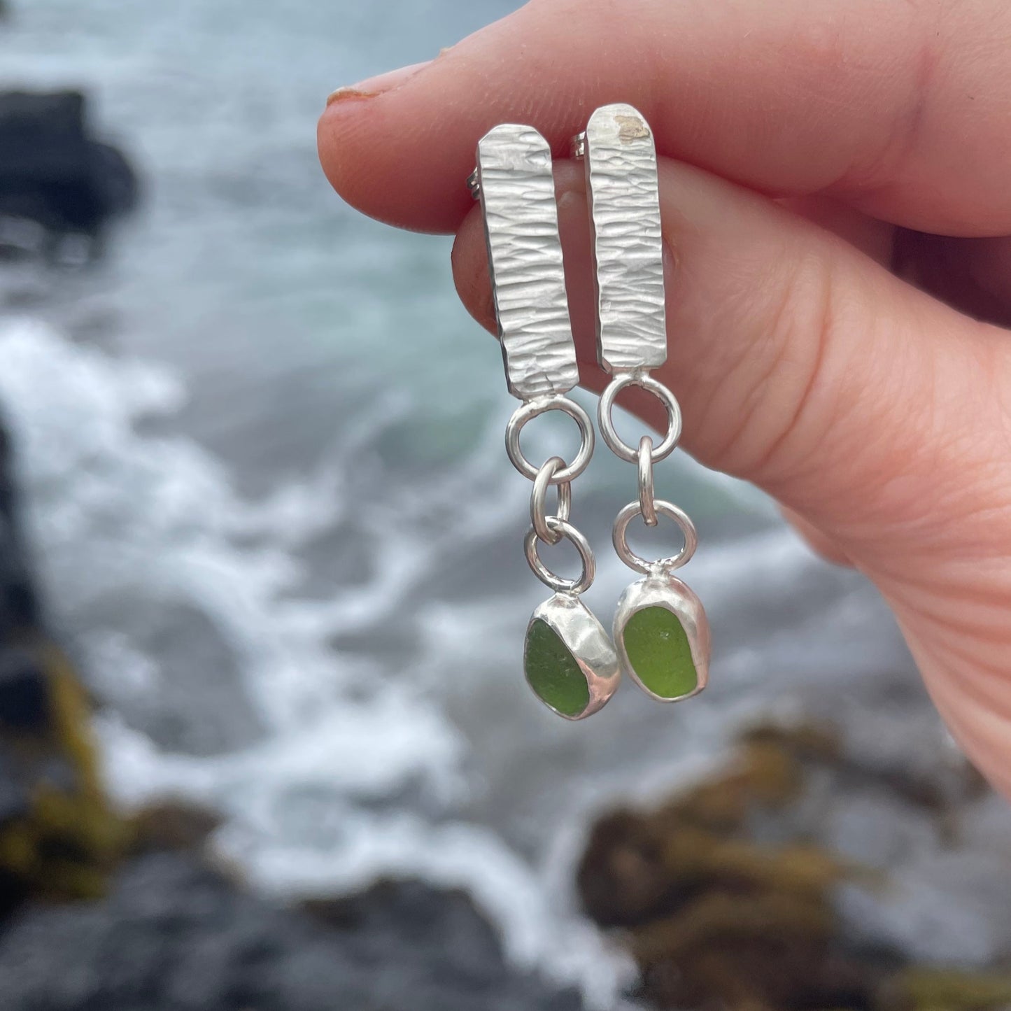 Lime Green Sea Glass Dangle Bar Earrings