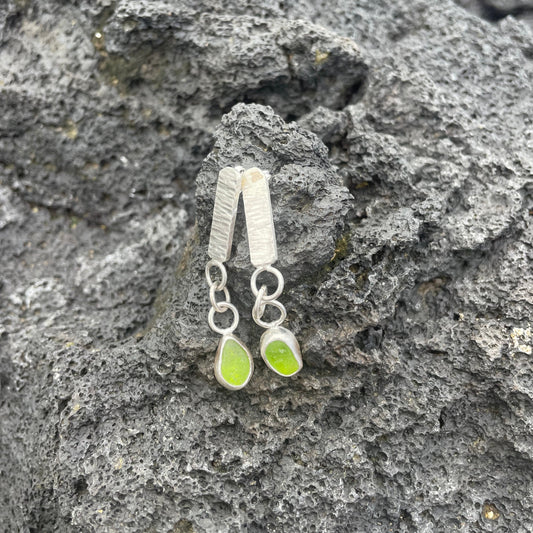 Lime Green Sea Glass Dangle Bar Earrings