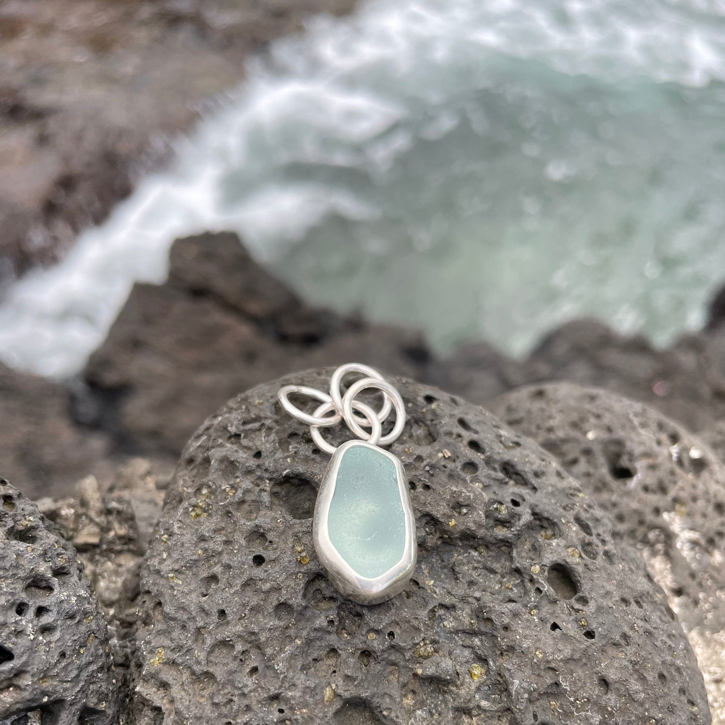 Sea Foam Blue Sea Glass Wave Pendant