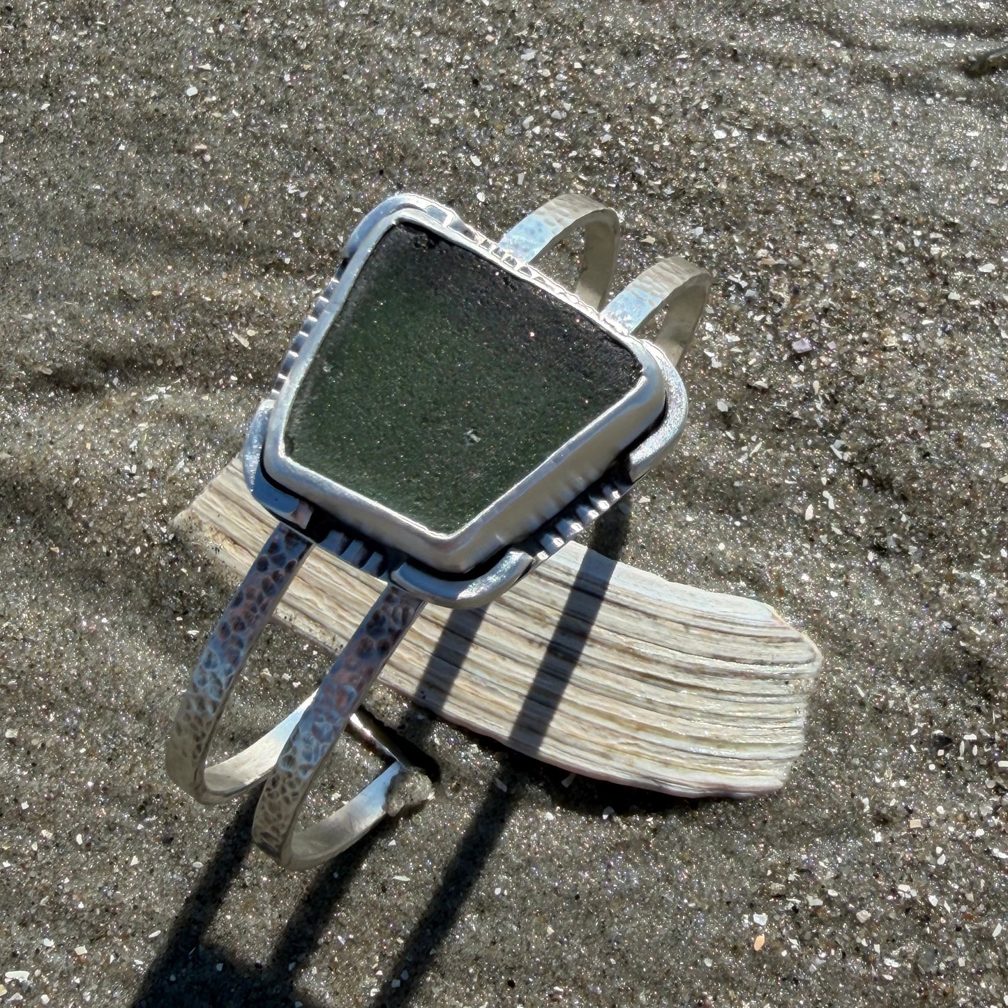 Moss Green Double Sea Glass Cuff Bracelet